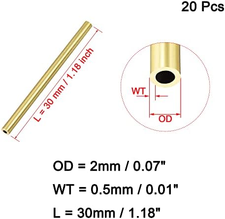 OFOWIN [20 PCS] צינור עגול פליז אורך 30 ממ 2 ממ 2 ממ OD0.5 ממ עובי קיר, נחושת מתכתית צינור צינור ישר